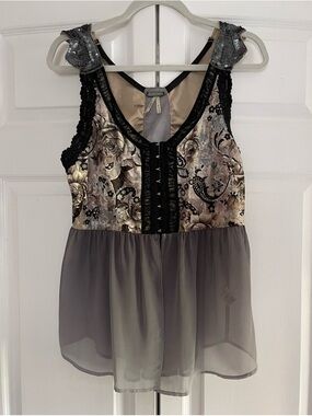 BKE Metallic Floral Lace-Trim Chiffon Camisole - Gray, Black, Silver